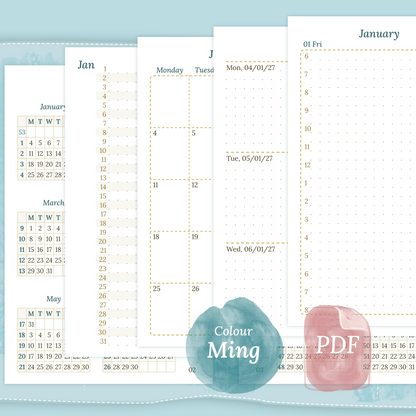 Examples featuring the PDF printable inserts modules of the Bundle XL 12M2P 12 month on 2 pages or year at a glance, M1P month on 1 page or future log, M2P month on 2 pages, W2P week on 2 pages, D1P day on 1 page and Notes in the colour Ming/Blue in Pocket size for 6 ring binder.