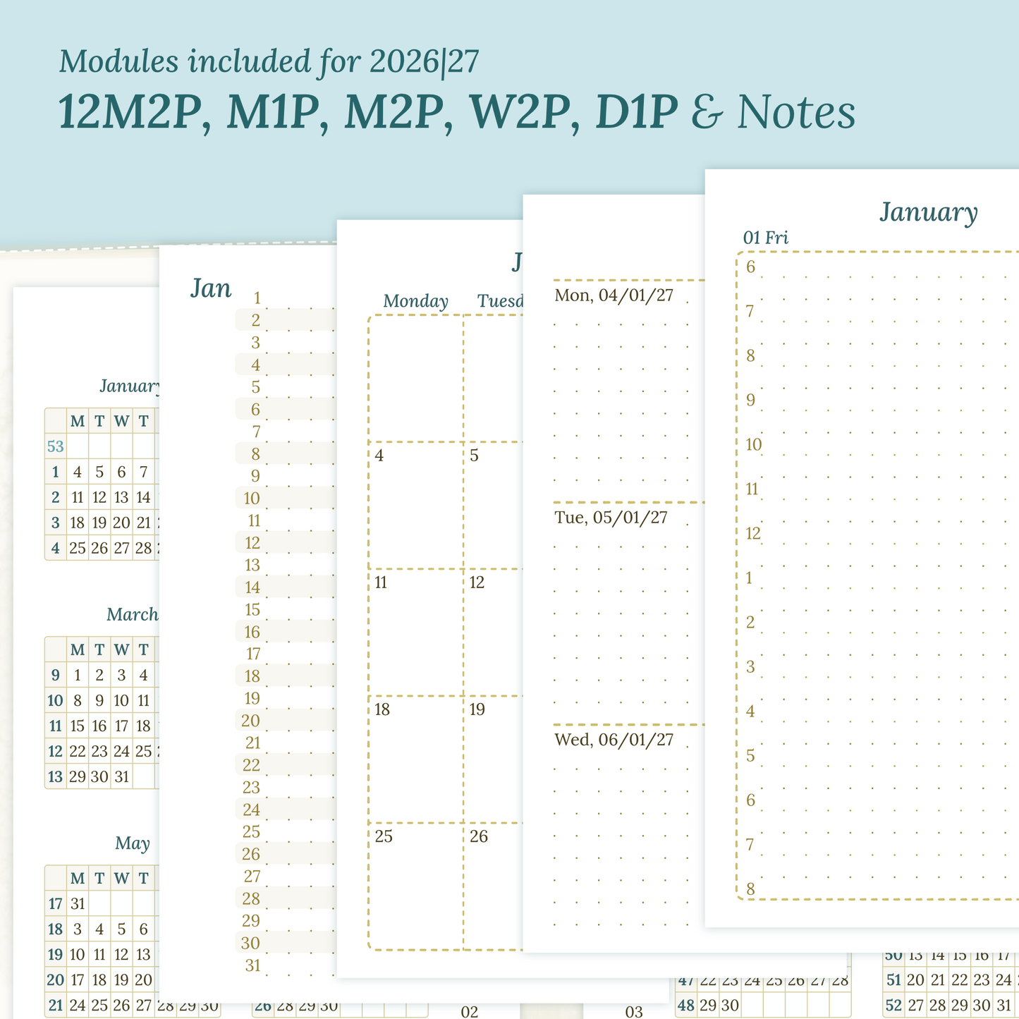 Calendar PDF printable inserts modules for the years 2026 and 2027 with various formats on a ming/blue background featuring 12M2P 12 month on 2 pages, M1P future log month on 1 page, M2P month on 2 pages, W2P week on 2 pages, D1P day on 1 page and a Notes.