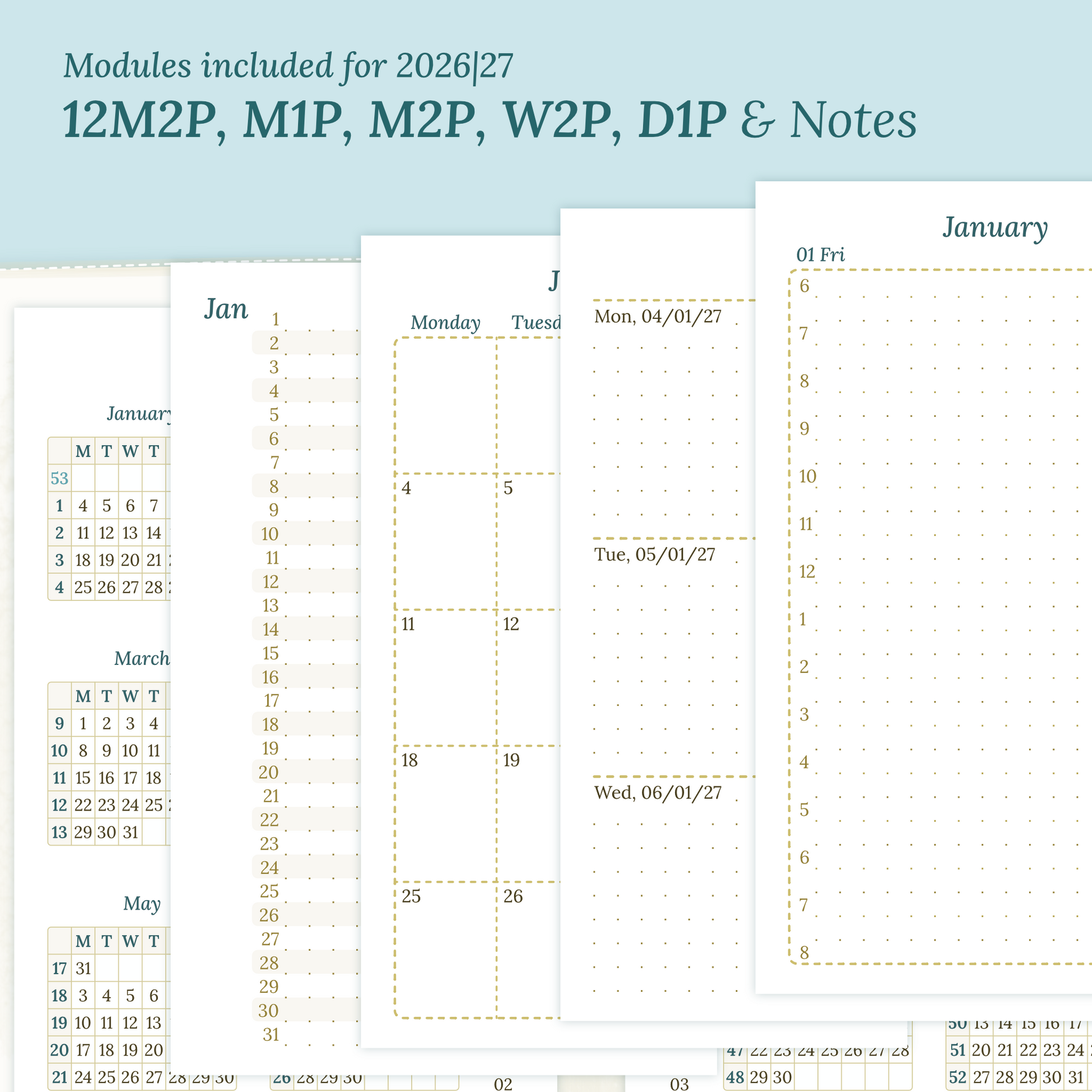 Calendar PDF printable inserts modules for the years 2026 and 2027 with various formats on a ming/blue background featuring 12M2P 12 month on 2 pages, M1P future log month on 1 page, M2P month on 2 pages, W2P week on 2 pages, D1P day on 1 page and a Notes.