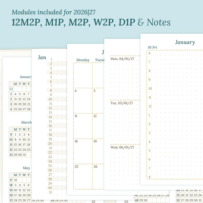Calendar PDF printable inserts modules for the years 2026 and 2027 with various formats on a ming/blue background featuring 12M2P 12 month on 2 pages, M1P future log month on 1 page, M2P month on 2 pages, W2P week on 2 pages, D1P day on 1 page and a Notes.