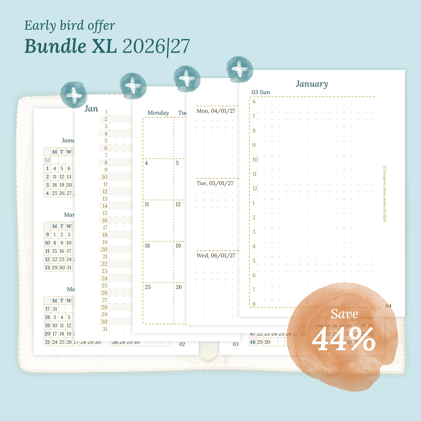 Calendar printable Bundle XL for 2026 and 2027 with early bird offer of 44% discount for Pocket size 6 ring binder planner
