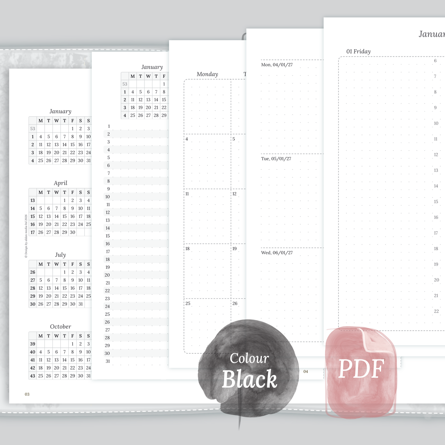 Examples featuring the PDF printable inserts modules of the Bundle XL 12M1P 12 month on 1page or year at a glance, 2M1P 2 months on 1 page or future log, M2P month on 2 pages, W2P week on 2 pages, D1P day on 1 page and Notes in the colour Black & White.