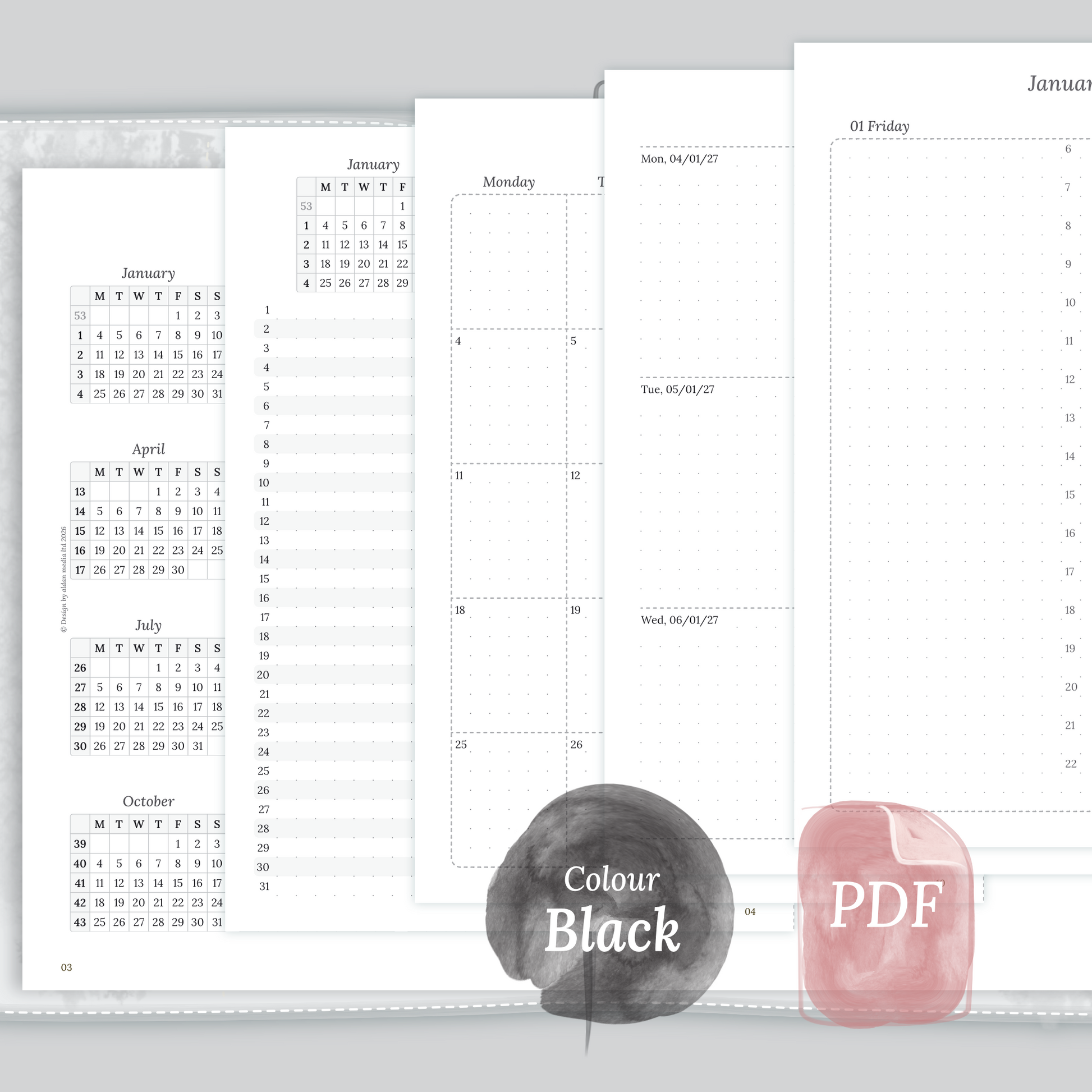 Examples featuring the PDF printable inserts modules of the Bundle XL 12M1P 12 month on 1page or year at a glance, 2M1P 2 months on 1 page or future log, M2P month on 2 pages, W2P week on 2 pages, D1P day on 1 page and Notes in the colour Black & White.