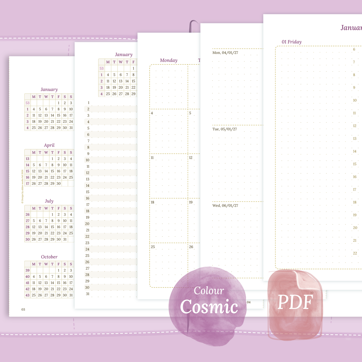 Examples featuring the PDF printable inserts modules of the Bundle XL 12M1P 12 month on 1page or year at a glance, 2M1P 2 months on 1 page or future log, M2P month on 2 pages, W2P week on 2 pages, D1P day on 1 page and Notes in the colour Cosmic/Raspberry.