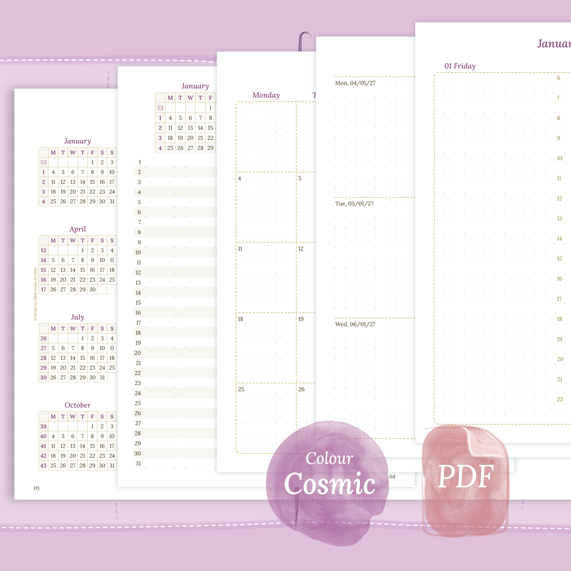 Examples featuring the PDF printable inserts modules of the Bundle XL 12M1P 12 month on 1page or year at a glance, 2M1P 2 months on 1 page or future log, M2P month on 2 pages, W2P week on 2 pages, D1P day on 1 page and Notes in the colour Cosmic/Raspberry.