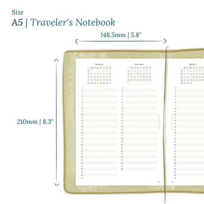 Printable PDF calendar planner insert with dimensions labeled on a white background to show the size supported which is A5 for Traveler's Notebook.