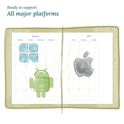 Open planner calendar insert with Windows, Android and Apple logos on a white background to show what operating systems are supported by our PDF printables.