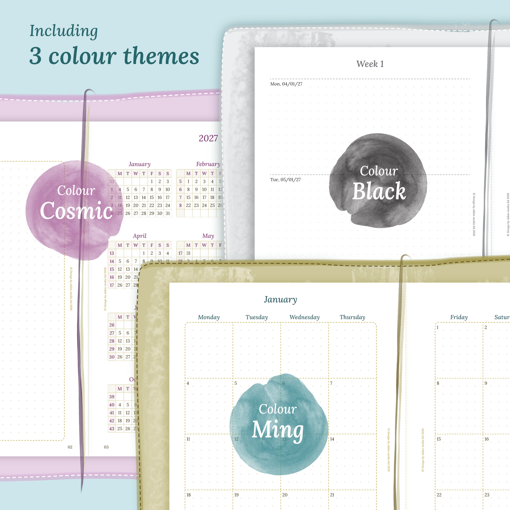 Three colour variants of the calendar designs with colour themes 'Cosmic', 'Black', and 'Ming' displayed to show how the different modules of the Bundle XL look like.