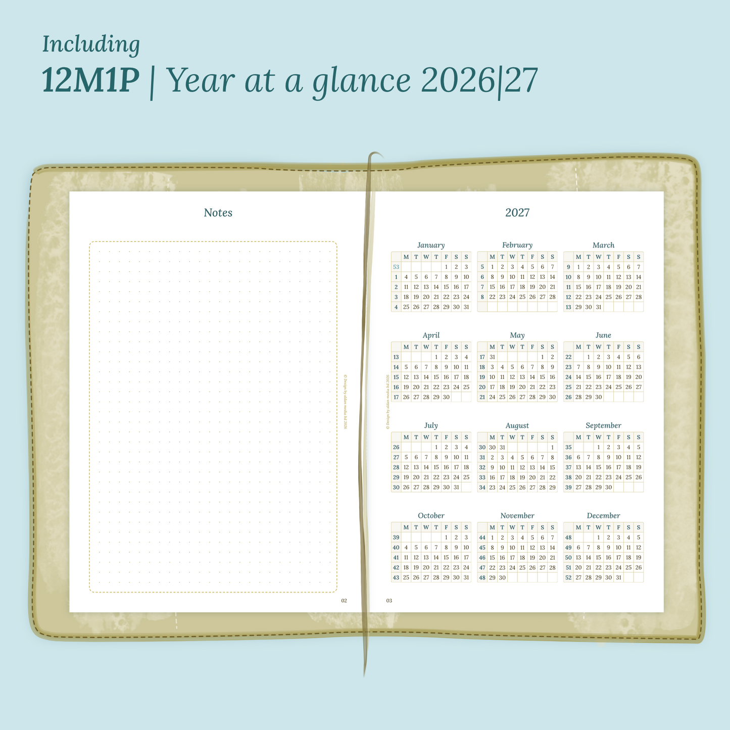 Open planner showing details of the PDF printable planner inserts module 12M1P 12 months on 1 page for 2026 & 2027 inside this Bundle XL