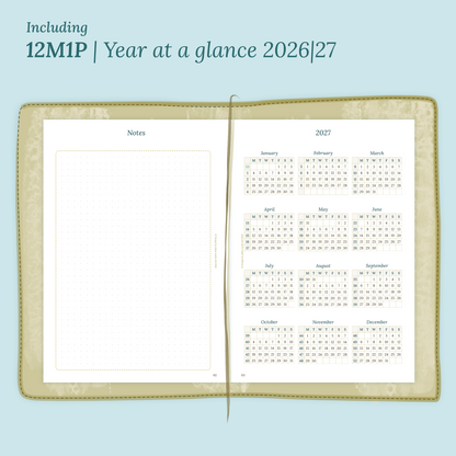 Open planner showing details of the PDF printable planner inserts module 12M1P 12 months on 1 page for 2026 & 2027 inside this Bundle XL