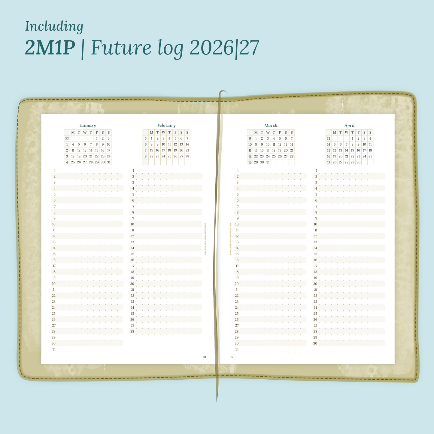 Open planner showing details of the PDF printable planner inserts module 2M1P future log 2 months on 1 page for 2026 & 2027 inside this Bundle XL