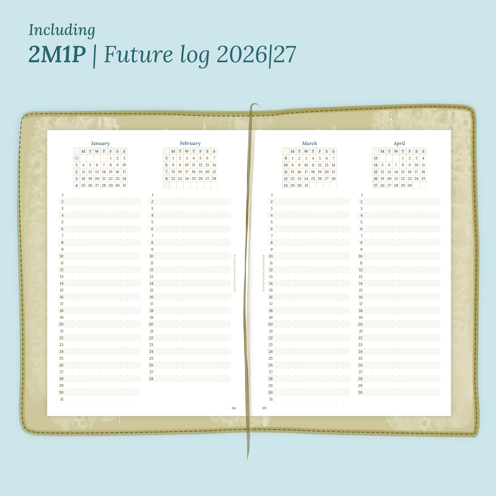 Open planner showing details of the PDF printable planner inserts module 2M1P future log 2 months on 1 page for 2026 & 2027 inside this Bundle XL