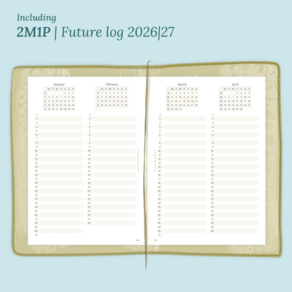 Open planner showing details of the PDF printable planner inserts module 2M1P future log 2 months on 1 page for 2026 & 2027 inside this Bundle XL