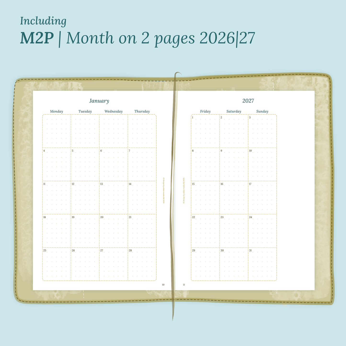 Open planner showing details of the PDF printable planner inserts module M2P month on 2 pages for 2026 and 2027 inside this Bundle XL.