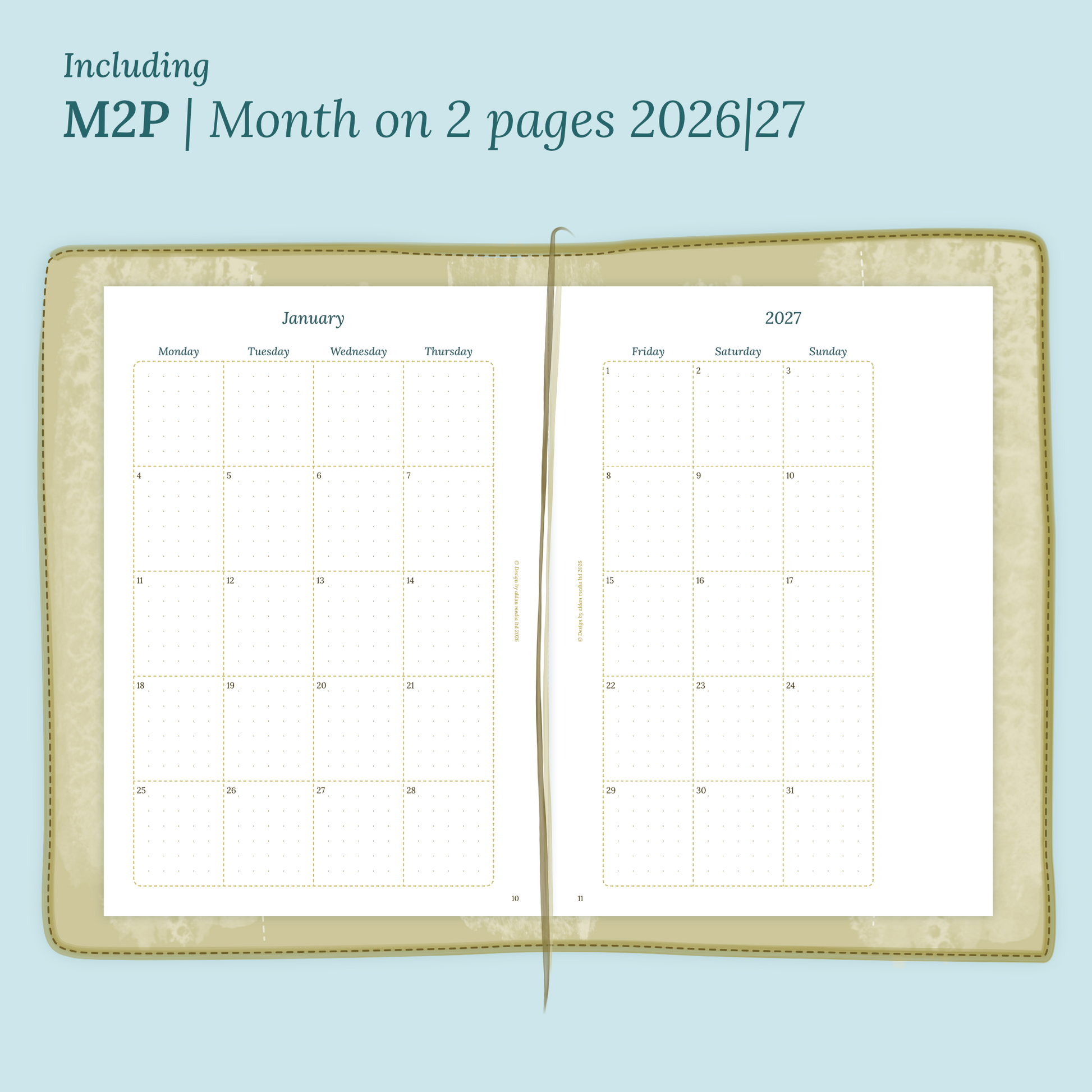 Open planner showing details of the PDF printable planner inserts module M2P month on 2 pages for 2026 and 2027 inside this Bundle XL.