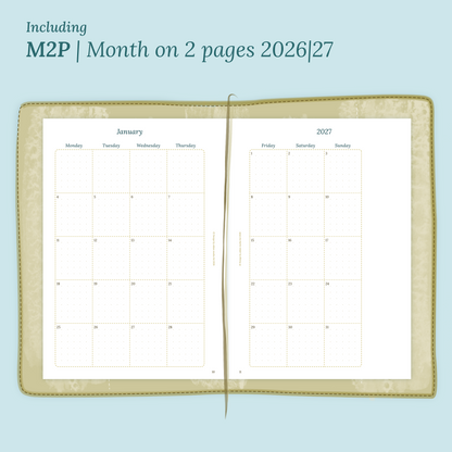 Open planner showing details of the PDF printable planner inserts module M2P month on 2 pages for 2026 and 2027 inside this Bundle XL.