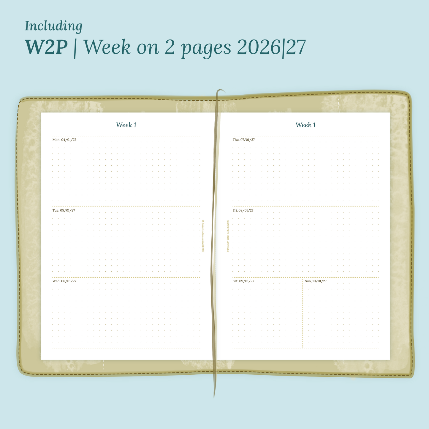 Open planner showing details of the PDF printable planner inserts module W2P week on 2 pages for 2026 and 2027 inside this Bundle XL.