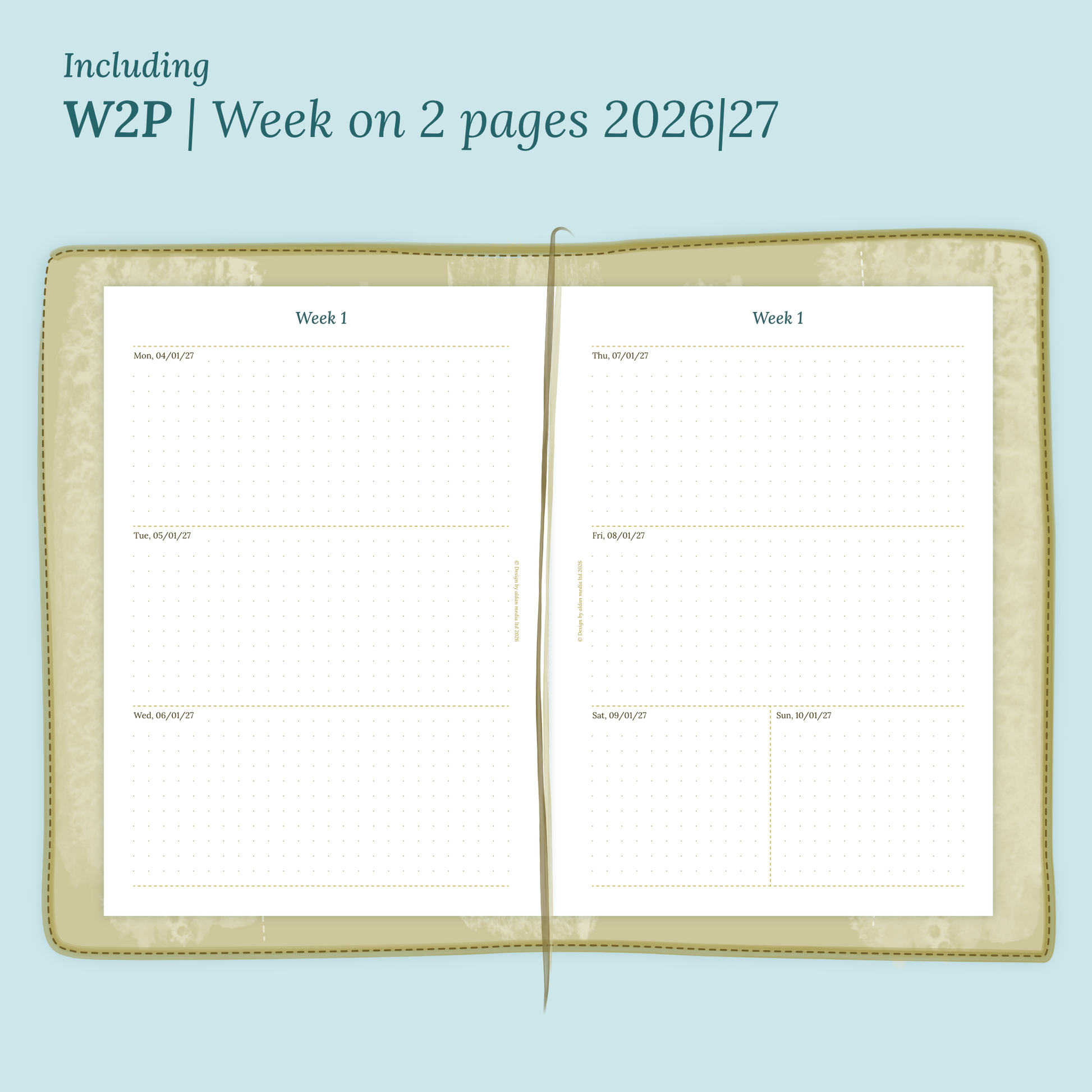 Open planner showing details of the PDF printable planner inserts module W2P week on 2 pages for 2026 and 2027 inside this Bundle XL.