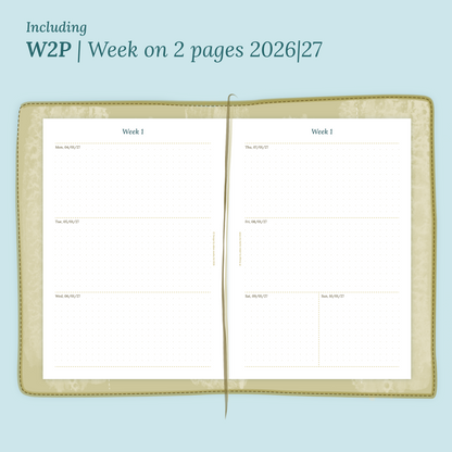 Open planner showing details of the PDF printable planner inserts module W2P week on 2 pages for 2026 and 2027 inside this Bundle XL.