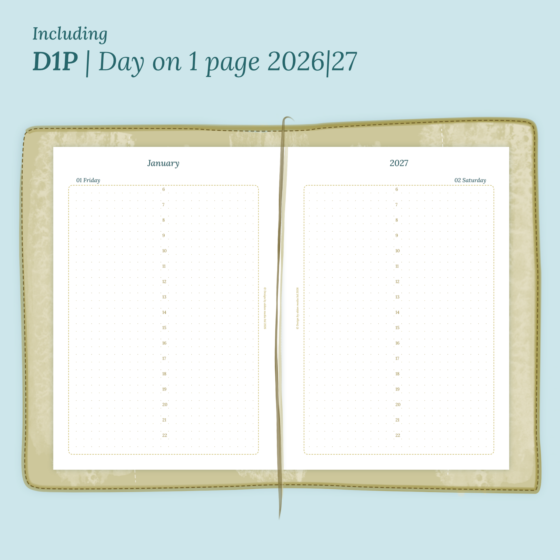 Open planner showing details of the PDF printable planner inserts module D1P day on 1 page for 2026 and 2027 inside this Bundle XL.