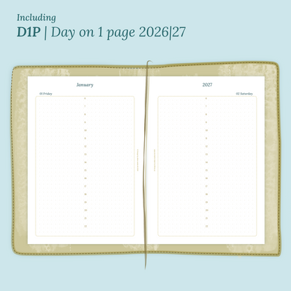 Open planner showing details of the PDF printable planner inserts module D1P day on 1 page for 2026 and 2027 inside this Bundle XL.