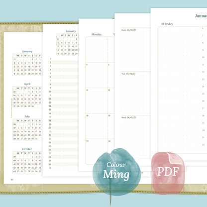 Examples featuring the PDF printable inserts modules of the Bundle XL 12M1P 12 month on 1page or year at a glance, 2M1P 2 months on 1 page or future log, M2P month on 2 pages, W2P week on 2 pages, D1P day on 1 page and Notes in the colour Ming/Blue.
