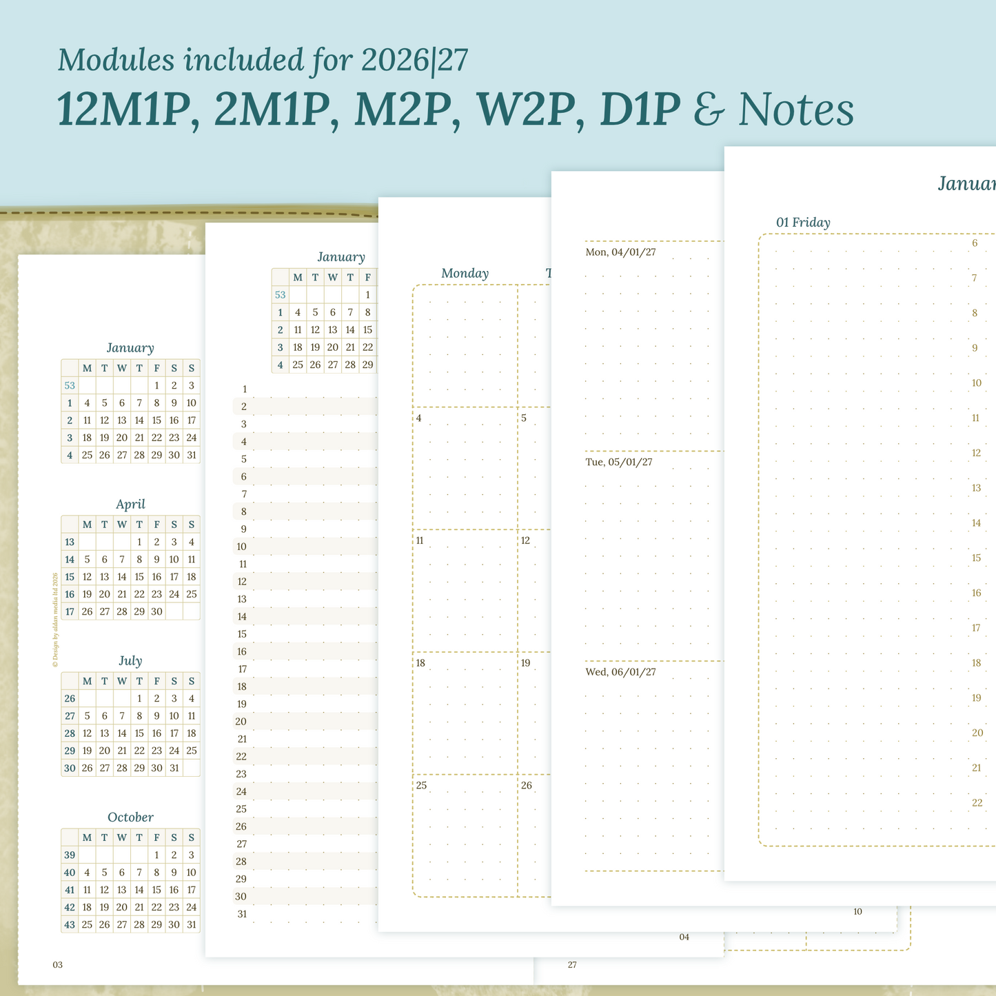 Calendar printable inserts modules for the years 2026 and 2027 with various formats on a ming/blue background featuring 12M1P 12 month on 1 page, 2M1P future log 2 months on 1 page, M2P month on 2 pages, W2P week on 2 pages, D1P day on 1 page and a notes.
