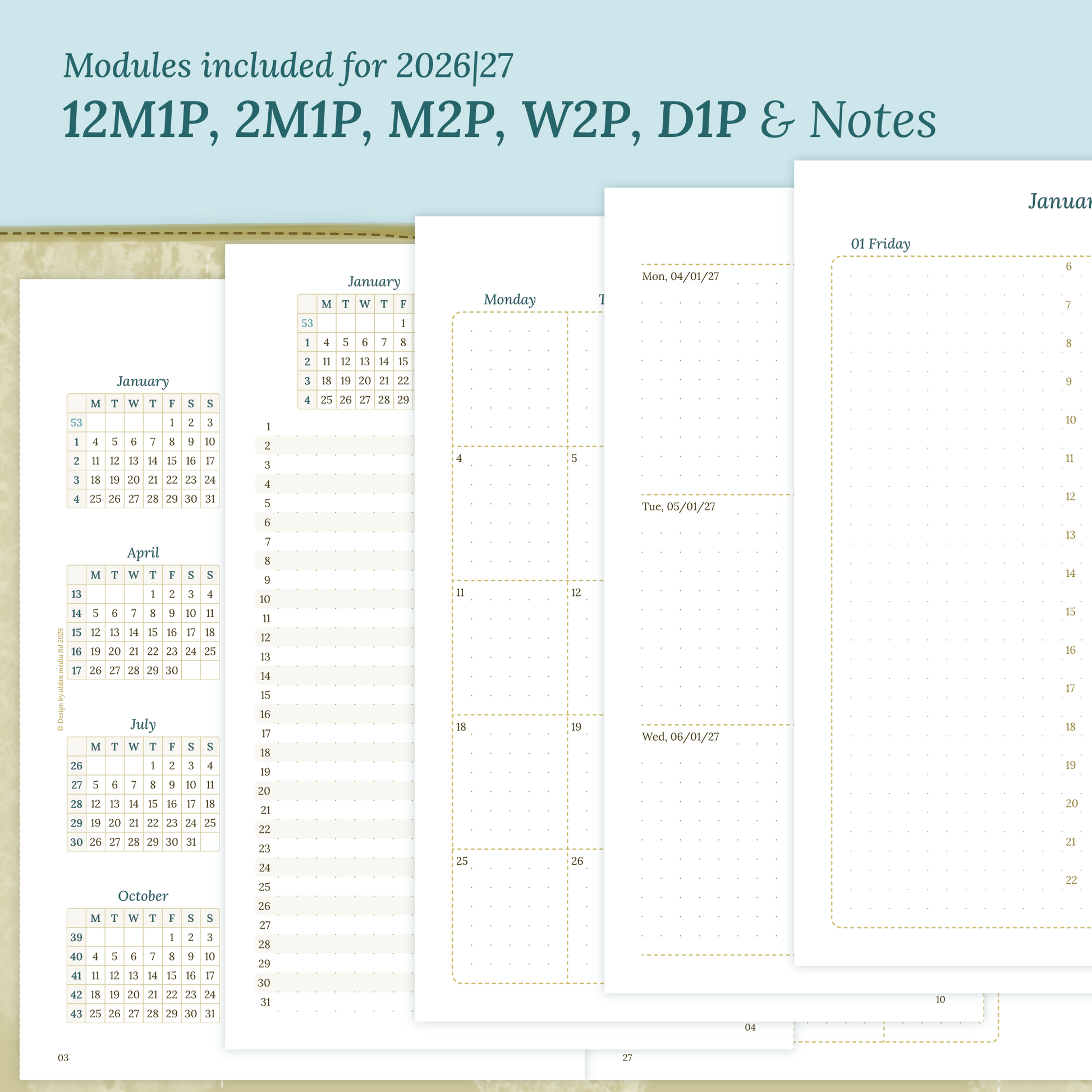 Calendar printable inserts modules for the years 2026 and 2027 with various formats on a ming/blue background featuring 12M1P 12 month on 1 page, 2M1P future log 2 months on 1 page, M2P month on 2 pages, W2P week on 2 pages, D1P day on 1 page and a notes.