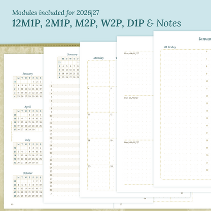 Calendar printable inserts modules for the years 2026 and 2027 with various formats on a ming/blue background featuring 12M1P 12 month on 1 page, 2M1P future log 2 months on 1 page, M2P month on 2 pages, W2P week on 2 pages, D1P day on 1 page and a notes.