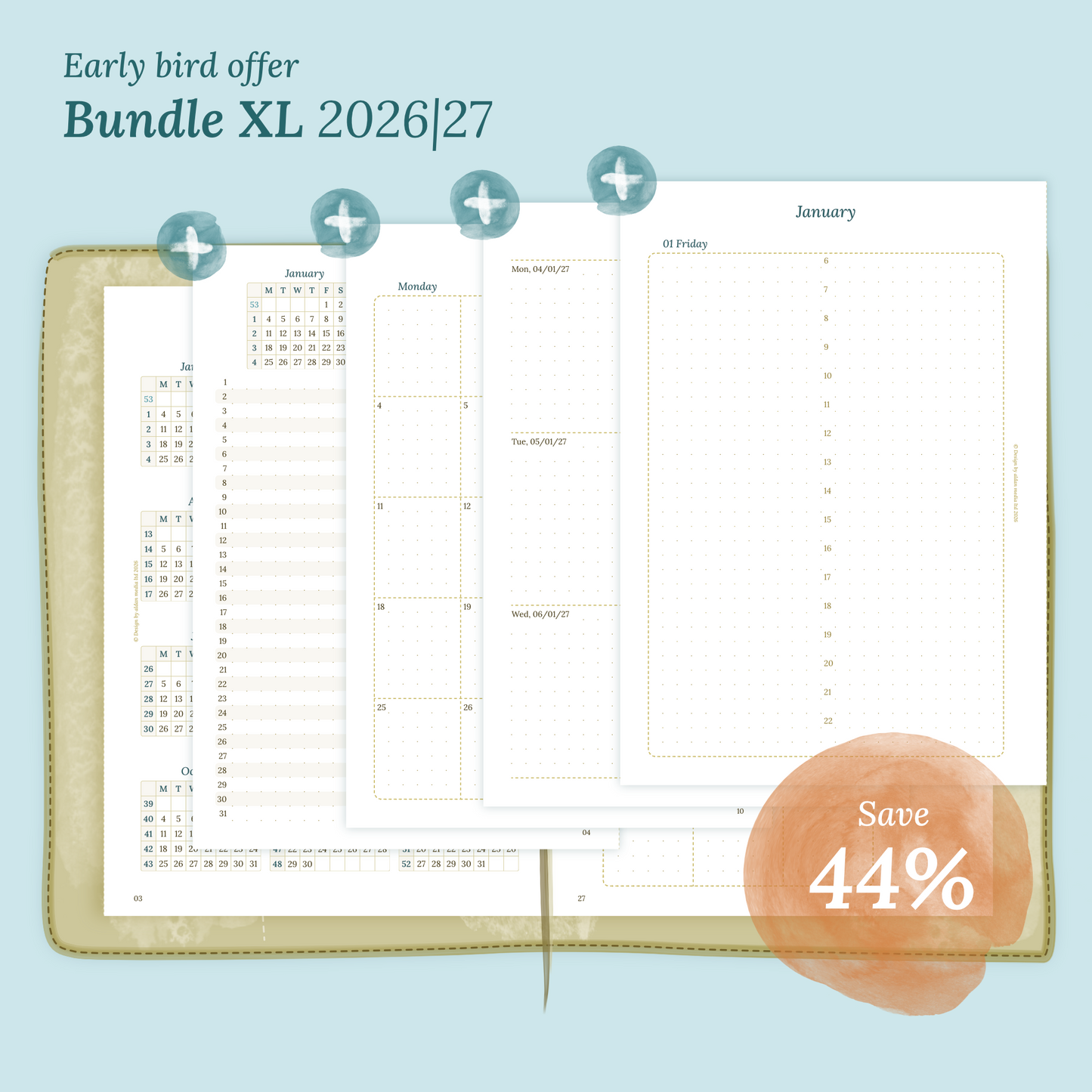 Calendar printable Bundle XL for 2026 and 2027 with early bird offer of 44% discount for A5 size Traveler's Notebook planner