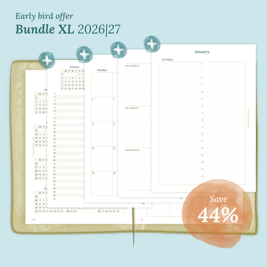 Calendar printable Bundle XL for 2026 and 2027 with early bird offer of 44% discount for A5 size Traveler's Notebook planner