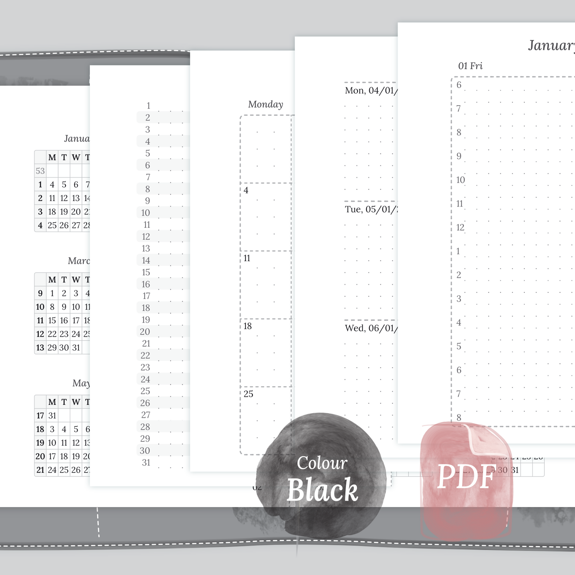 Examples featuring the PDF printable inserts modules of the Bundle XL 12M2P 12 month on 2 pages or year at a glance, M1P month on 1 page or future log, M2P month on 2 pages, W2P week on 2 pages, D1P day on 1 page and Notes in the colour Black & White in Passport size for Traveler's Notebook.