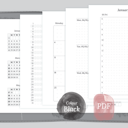 Examples featuring the PDF printable inserts modules of the Bundle XL 12M2P 12 month on 2 pages or year at a glance, M1P month on 1 page or future log, M2P month on 2 pages, W2P week on 2 pages, D1P day on 1 page and Notes in the colour Black & White in Passport size for Traveler's Notebook.