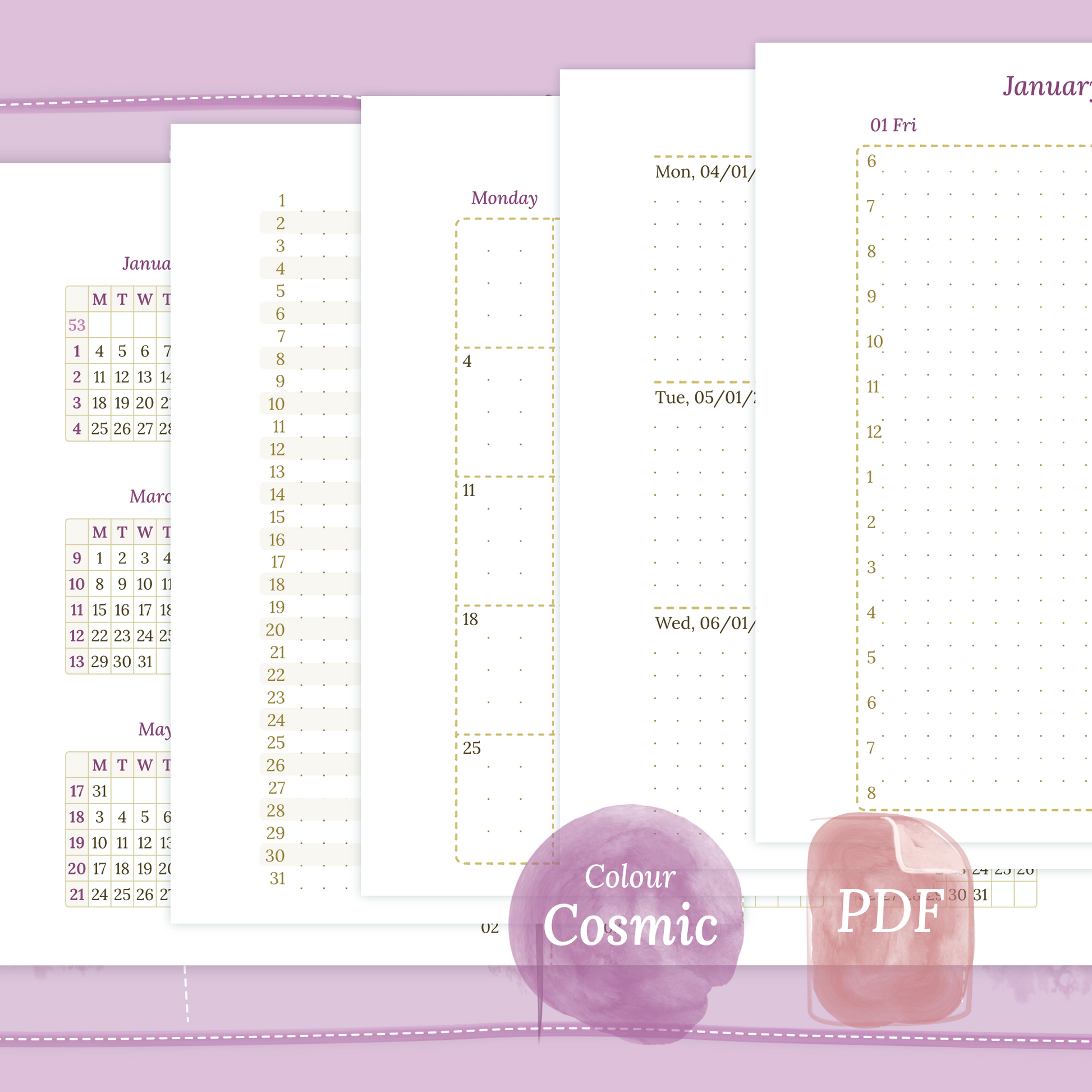 Examples featuring the PDF printable inserts modules of the Bundle XL 12M2P 12 month on 2 pages or year at a glance, M1P month on 1 page or future log, M2P month on 2 pages, W2P week on 2 pages, D1P day on 1 page and Notes in the colour Cosmic/Raspberry in Passport size for Traveler's Notebook.
