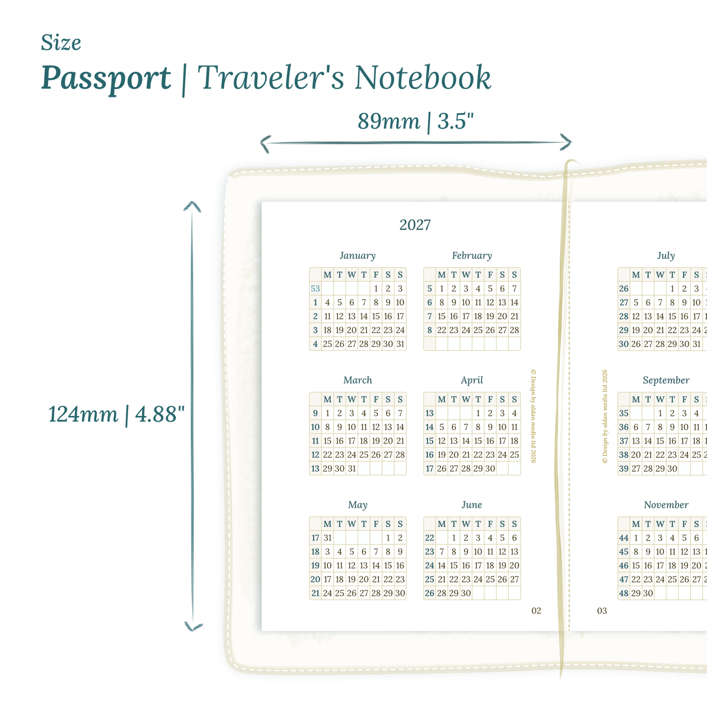 Printable PDF calendar planner insert with dimensions labeled on a white background to show the size supported which is Passport for Traveler's Notebook.