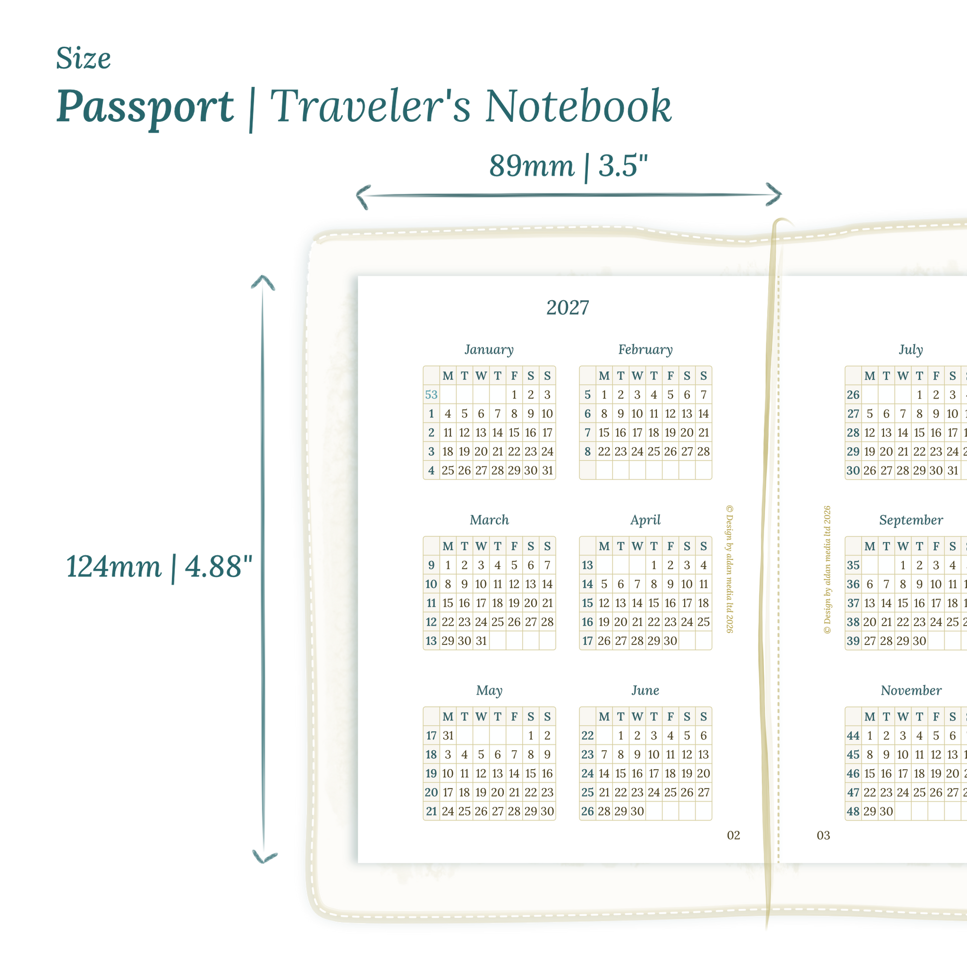Printable PDF calendar planner insert with dimensions labeled on a white background to show the size supported which is Passport for Traveler's Notebook.