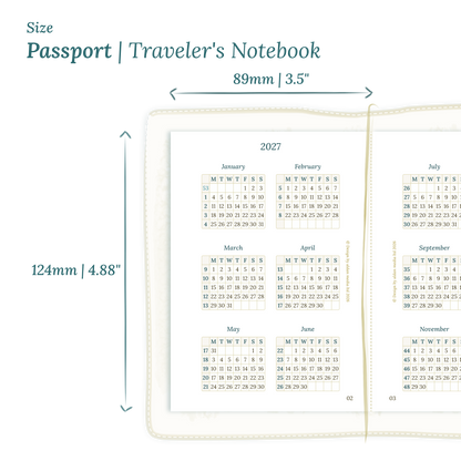Printable PDF calendar planner insert with dimensions labeled on a white background to show the size supported which is Passport for Traveler's Notebook.
