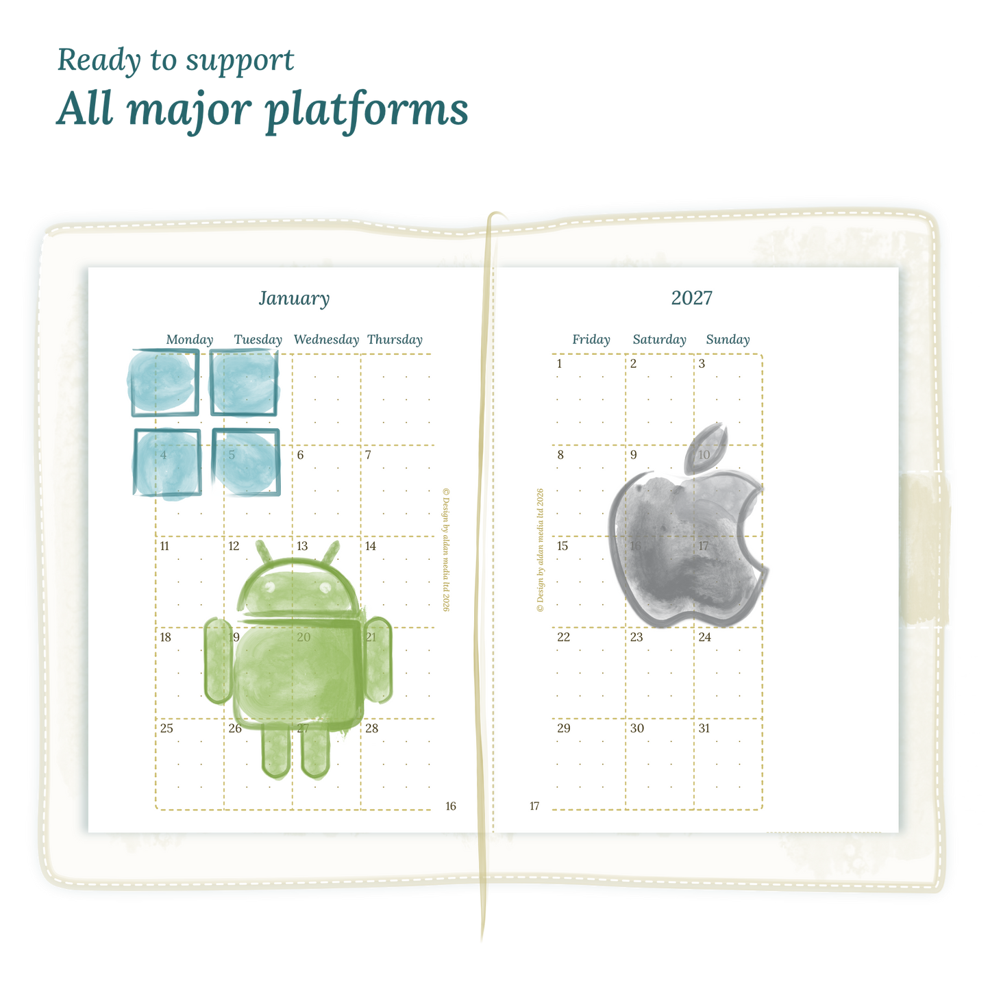 Open planner calendar insert with Windows, Android and Apple logos on a white background to show what operating systems are supported by our PDF printables.