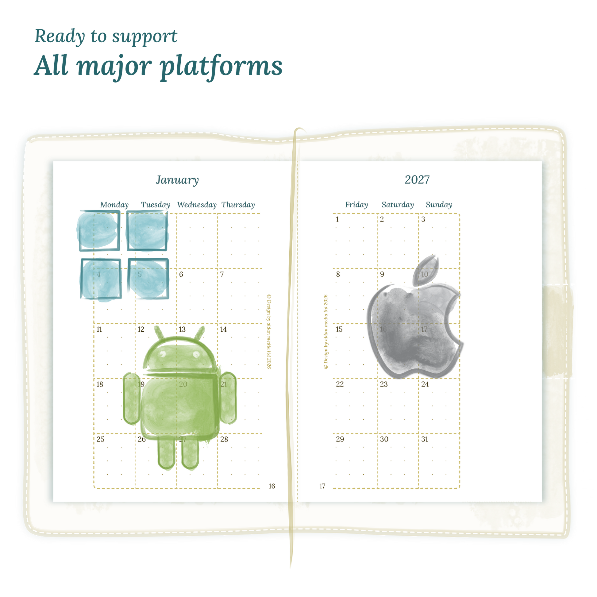 Open planner calendar insert with Windows, Android and Apple logos on a white background to show what operating systems are supported by our PDF printables.