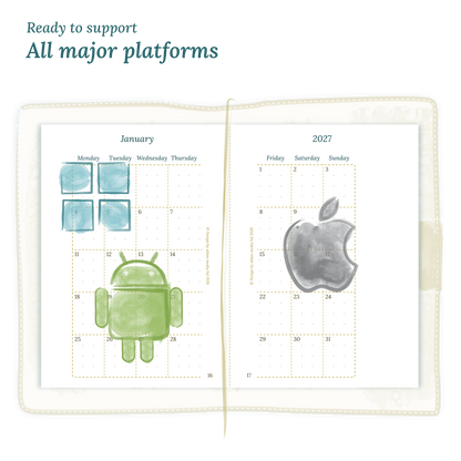 Open planner calendar insert with Windows, Android and Apple logos on a white background to show what operating systems are supported by our PDF printables.