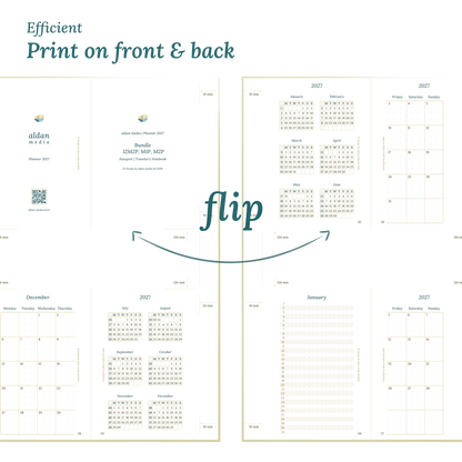 Showing 2 pages of the planner to illustrate the possibility to print our PDF printables on both sides of any DIN A4 page to get planner inserts in Passport size for Traveler's Notebooks.