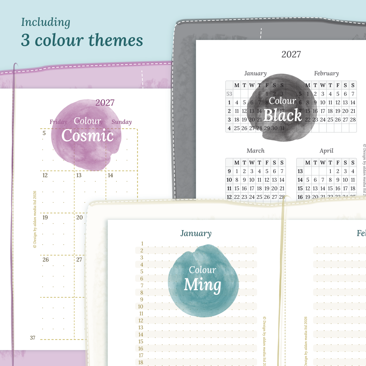 Three colour variants of the calendar designs with colour themes ‚Cosmic/Raspberry', 'Black', and ‚Ming/Blue' displayed to show how the different modules of the Bundle XL look like in Passport size for Traveler's Notebook.