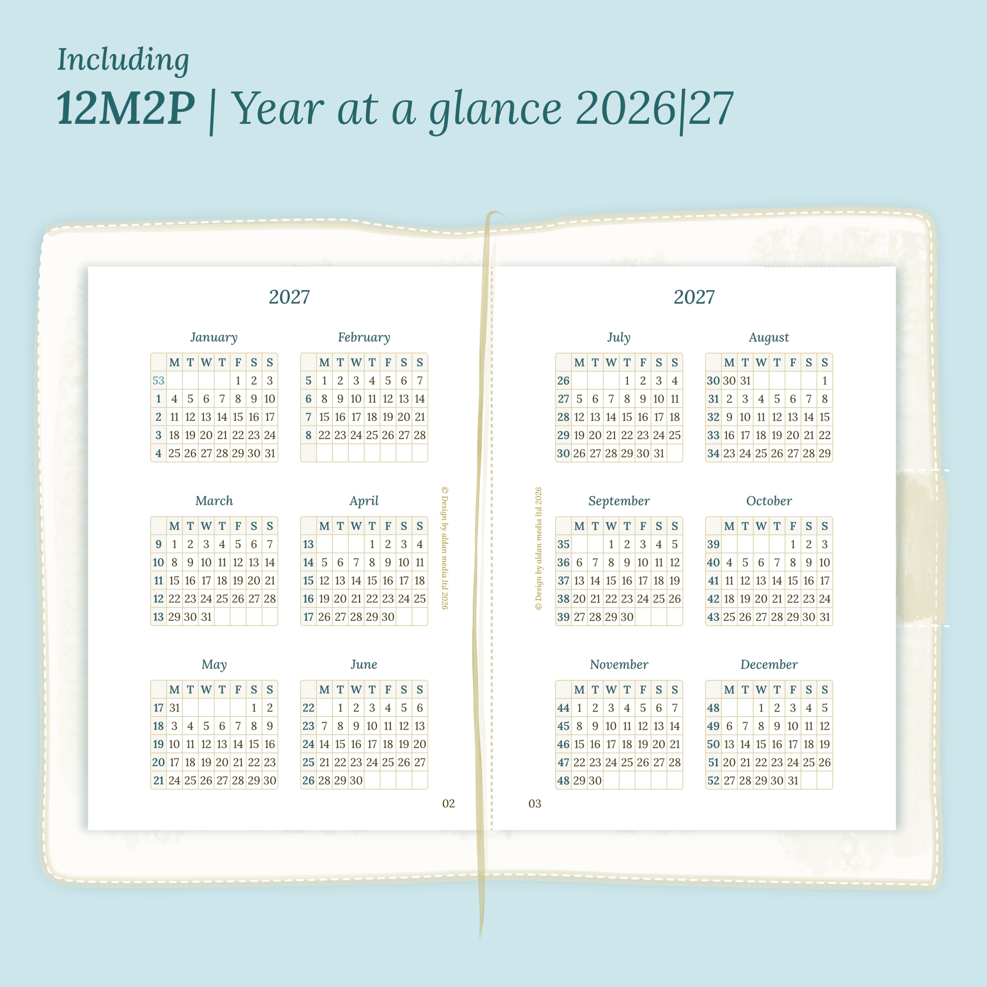Open planner showing details of the PDF printable planner inserts module  12M2P 12 months on 2 pages for 2026 & 2027 inside this Bundle XL