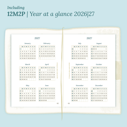 Open planner showing details of the PDF printable planner inserts module  12M2P 12 months on 2 pages for 2026 & 2027 inside this Bundle XL
