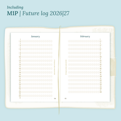 Open planner showing details of the PDF printable planner inserts module M1P future log month on 1 page for 2026 & 2027 inside this Bundle XL