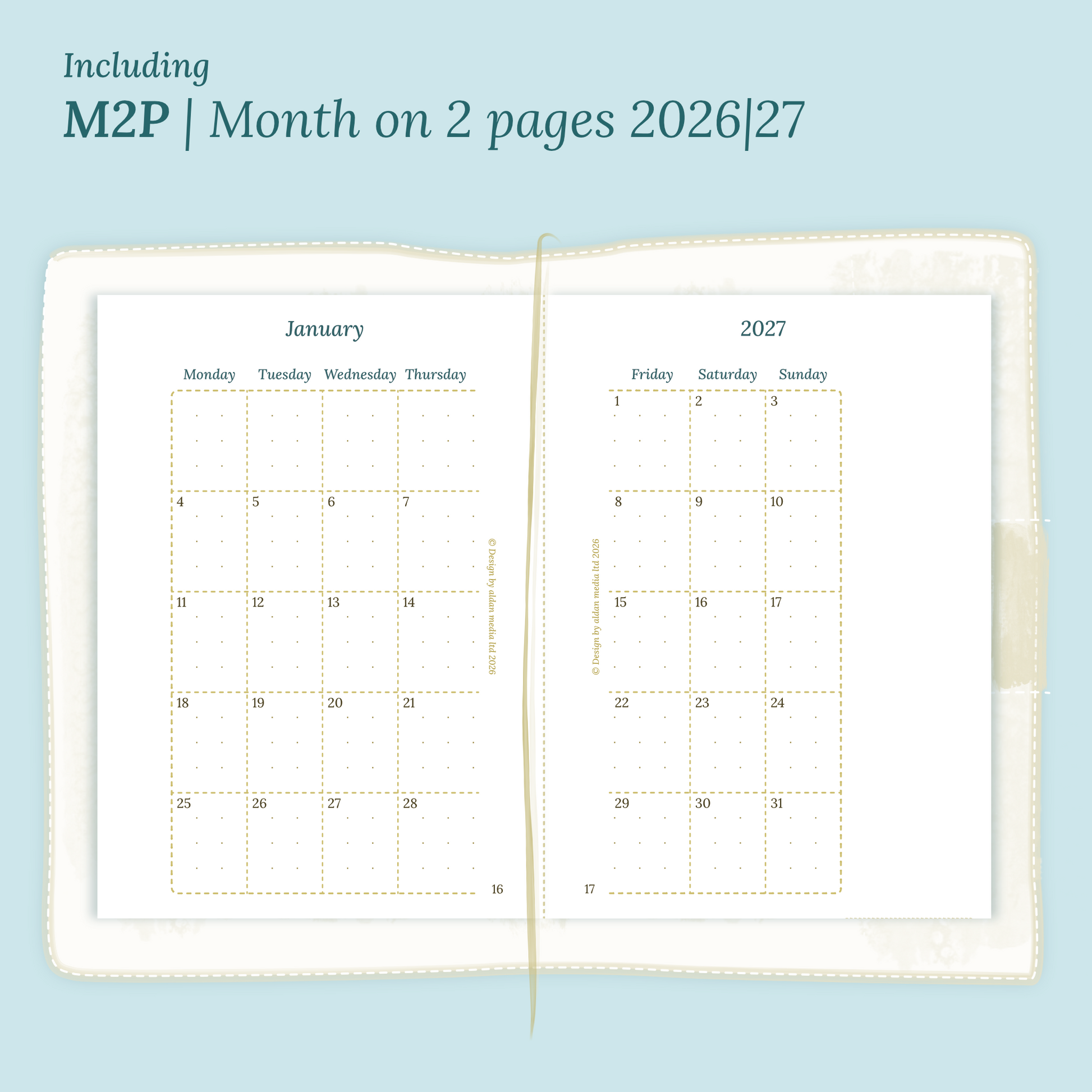 Open planner showing details of the PDF printable planner inserts module M2P month on 2 pages for 2026 and 2027 inside this Bundle XL in Passport size for Traveler's Notebook.
