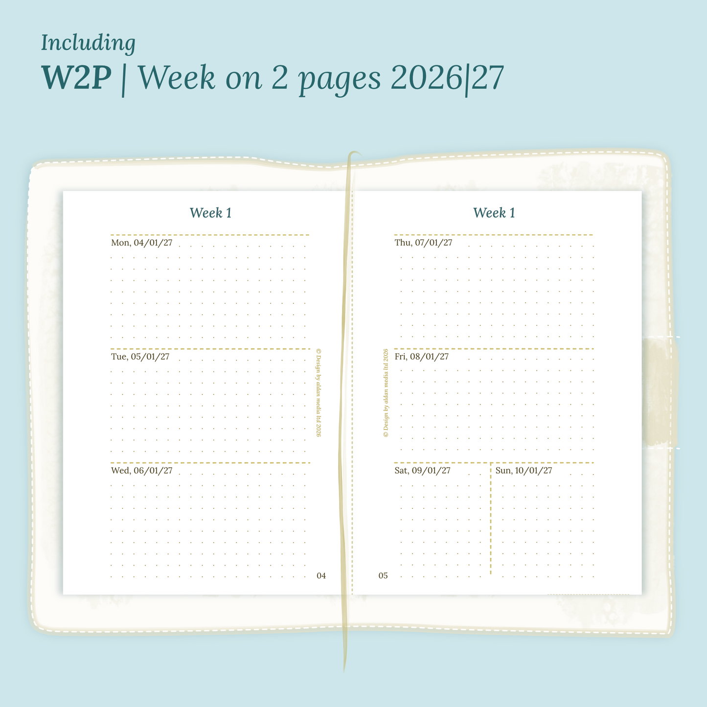 Open planner showing details of the PDF printable planner inserts module W2P week on 2 pages for 2026 and 2027 inside this Bundle XL in Passport size for Traveler's Notebook.