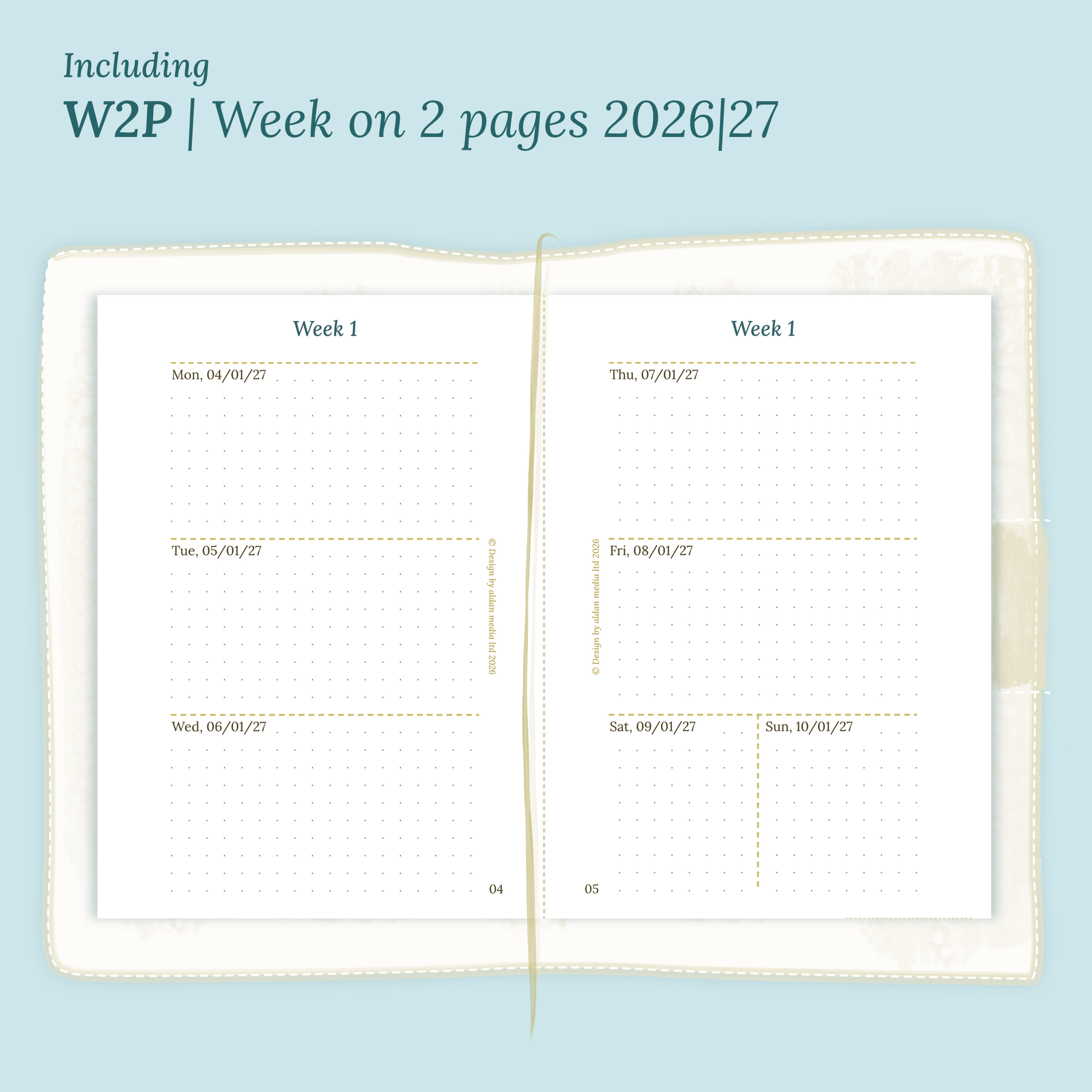 Open planner showing details of the PDF printable planner inserts module W2P week on 2 pages for 2026 and 2027 inside this Bundle XL in Passport size for Traveler's Notebook.