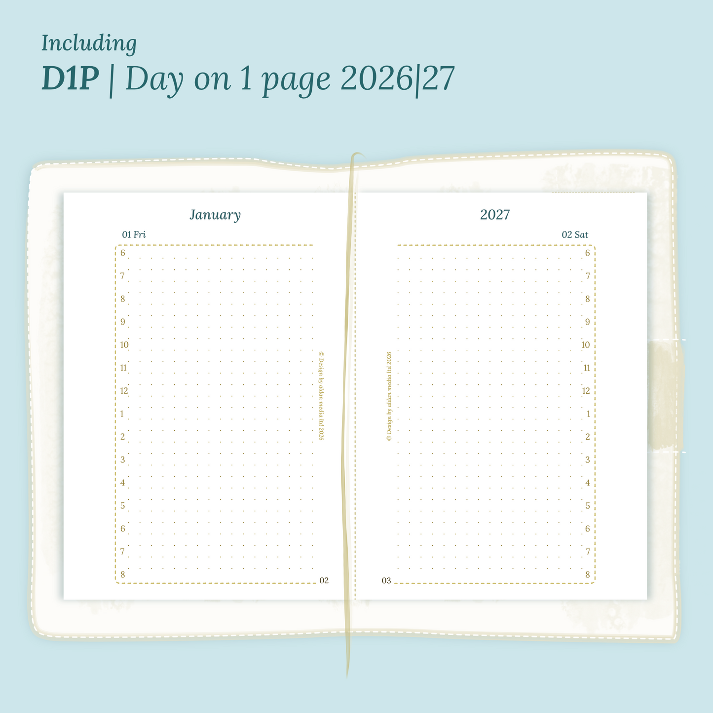 Open planner showing details of the PDF printable planner inserts module D1P day on 1 page for 2026 and 2027 inside this Bundle XL in Passport size for Traveler's Notebook.
