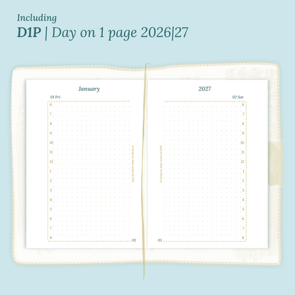 Open planner showing details of the PDF printable planner inserts module D1P day on 1 page for 2026 and 2027 inside this Bundle XL in Passport size for Traveler's Notebook.